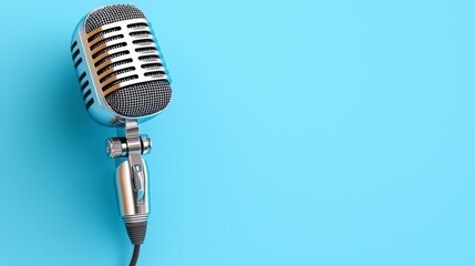 Fototapeta premium Retro Microphone on Blue Background Podcast Radio Broadcasting Music