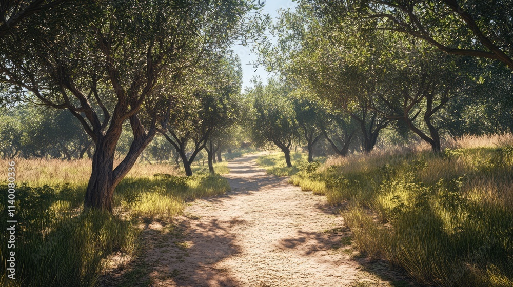 Poster tranquil dirt path shaded by trees under bright sunlight in a serene grove environment showcasing na