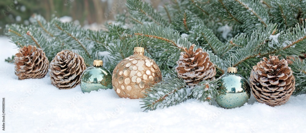 Poster christmas tree decorations featuring pine cones and ornaments nestled in fresh snow on evergreen bra