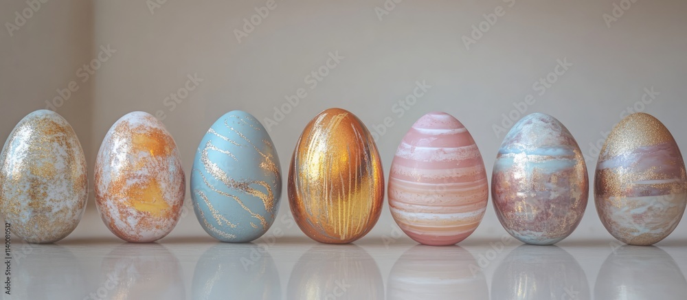 Poster artfully decorated easter eggs in soft pastel colors displayed in a row capturing the essence of fes