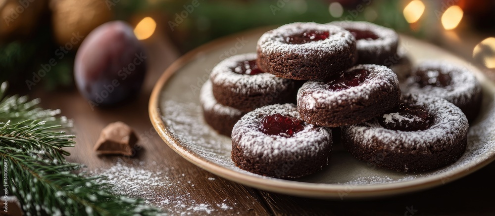 Poster festive chocolate gingerbread cookies filled with plum jam dusted with powdered sugar on a rustic wo