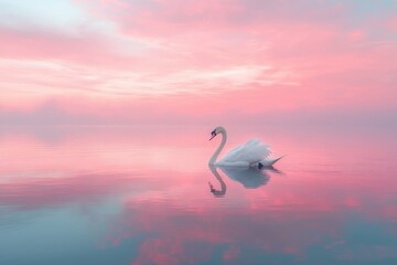 Fototapeta premium Serene swan gracefully gliding on calm, pink-hued water at sunrise, reflecting a peaceful and tranquil atmosphere.