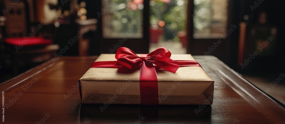 Poster gift box adorned with a red ribbon bow resting on a wooden table in a cozy indoor setting surrounded