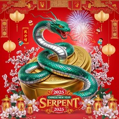Obraz premium Nouvel An Chinois 2025 - Année du Serpent, célébration traditionnelle avec symboles festifs et culture chinoise, décorations, serpent mythique et motifs inspirants pour projets visuels