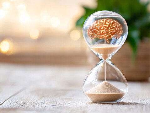 Memory loss alzheimer disease concept. An hourglass with a brain inside symbolizes the relationship between time and intelligence, highlighting mental processes and creativity.
