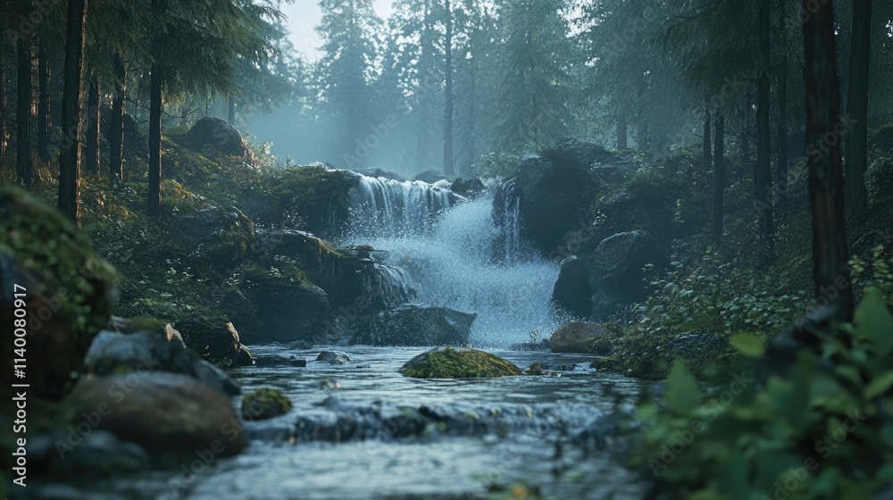 Poster serene forest waterfall cascading over rocks surrounded by lush greenery and misty atmosphere showca
