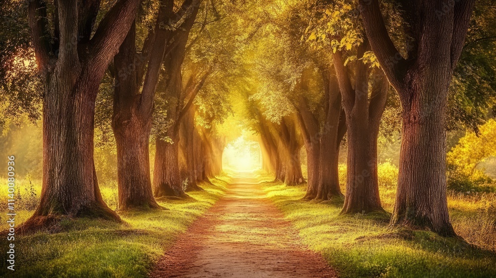 Poster Serene dirt path winding through sunlit trees in a tranquil forest setting inviting a peaceful outdoor experience
