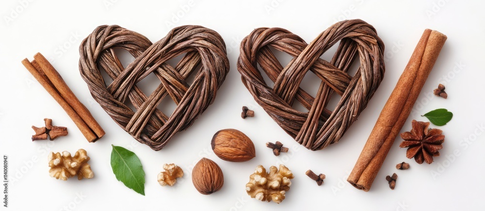 Aufkleber braided willow heart decorations with cinnamon sticks nuts and coriander displayed in an elegant top