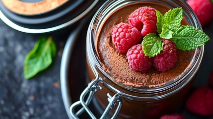A jar of chocolate mousse topped with raspberries and mint leaves, set against a dark background.