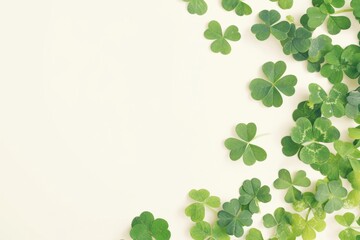 St. Patrick's Day decor featuring multiple green four-leaf clovers scattered across a soft, neutral background, symbolizing luck and celebration. A festive and minimalistic display perfect for the hol