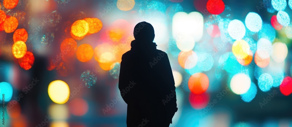 Poster silhouette of a person in front of vibrant bokeh lights creating a dreamy urban atmosphere at night