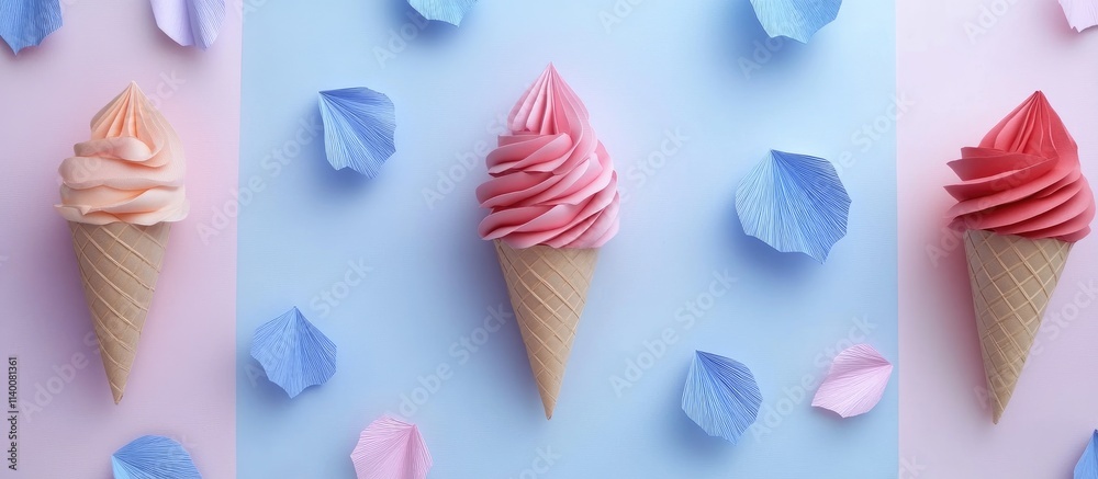 Poster colorful paper ice cream cones arranged on a pastel background with decorative petals creating a pla