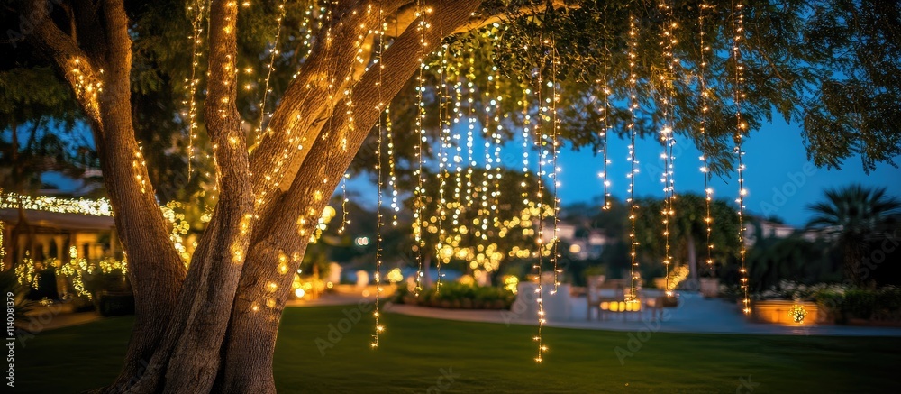Poster Enchanting night scene of outdoor string lights draped from a tree, illuminating a serene garden setting with a magical glow.