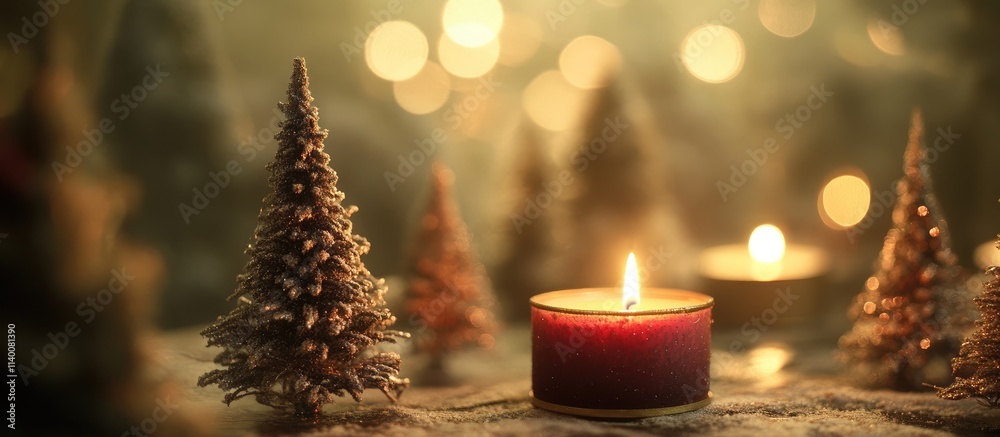 Poster candlelit ambiance with decorative trees creating a warm and festive holiday atmosphere in soft blur