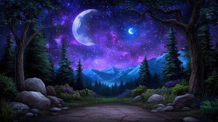 Obraz premium Magical Night Forest Mountains Stars Moon Fantasy Landscape Wallpaper