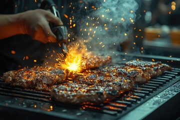 Grilling meat on a barbecue, flames and sparks add flavor to the juicy cuts.