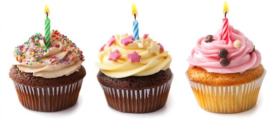 Colorful birthday cupcakes with candles on a white background perfect for celebration themes and festive occasions.