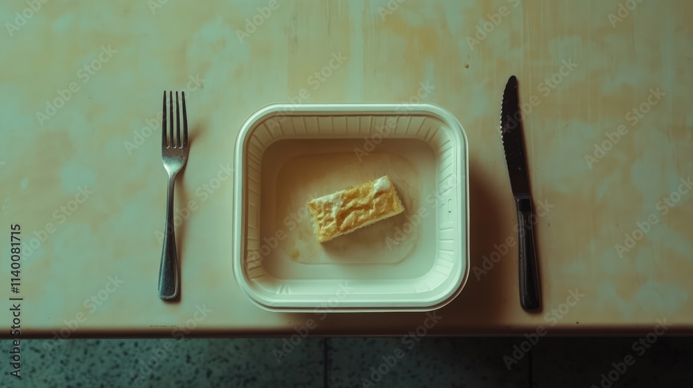 Aufkleber Minimalist overhead view of a fork and knife beside an empty plate with a small piece of food on a simple background