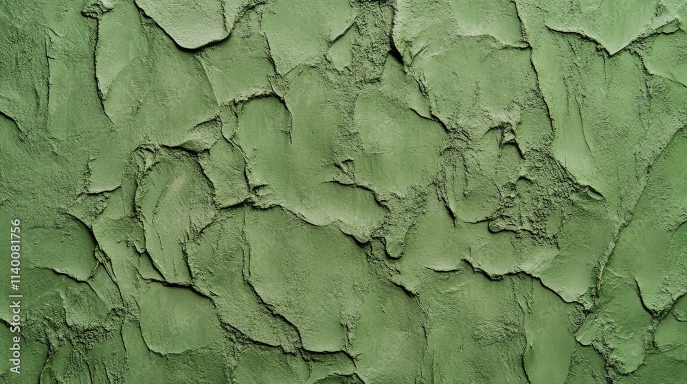 Poster Textured green stucco wall with a distressed, weathered appearance suitable for backgrounds in design and architectural projects.