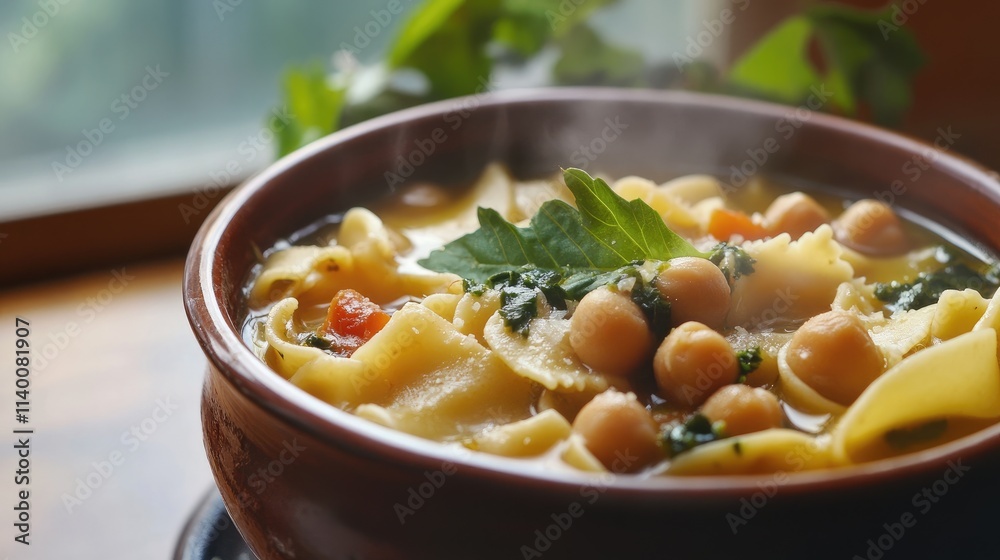 Poster delicious traditional pasta dish with chickpeas in a steaming soup served in a rustic bowl with fres