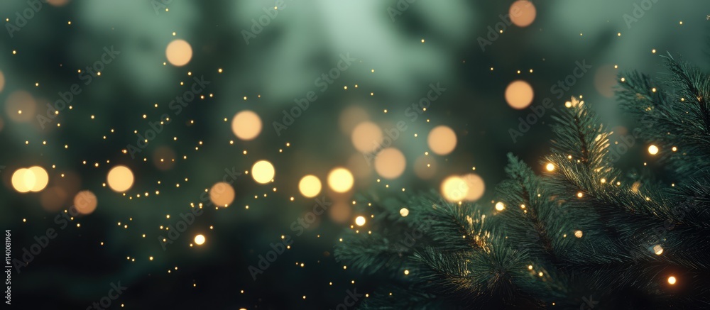 Poster Defocused bokeh lights on a Christmas tree creating a magical festive atmosphere with enchanting green background and sparkling details