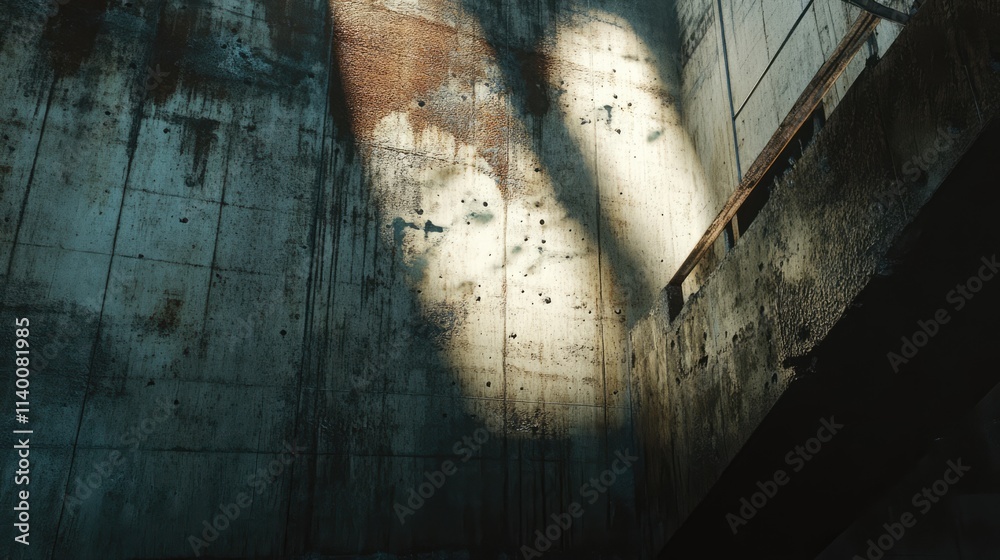 Poster weathered industrial concrete wall with grunge texture and dramatic light shadows creating an urban 