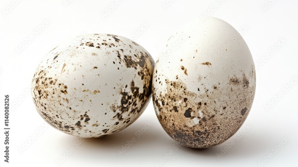 Poster dirty speckled eggs on a clean white background showcasing natural textures and imperfections in a m