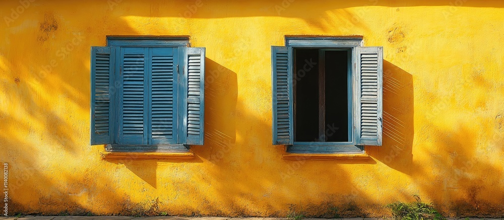 Poster colorful yellow wall with closed blue window shutters casting diagonal shadows on a sunny day creati