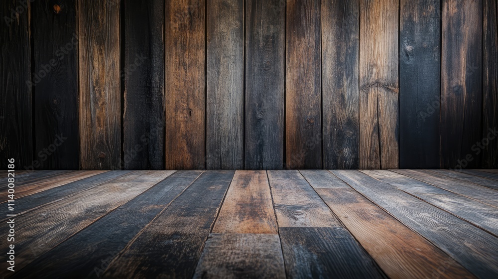 Aufkleber Dark vintage wooden interior with a weathered floor and textured walls creating a rustic atmosphere for design and background use.