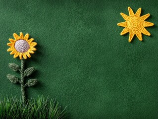 Crochet Sunflower and Sun on Green Background