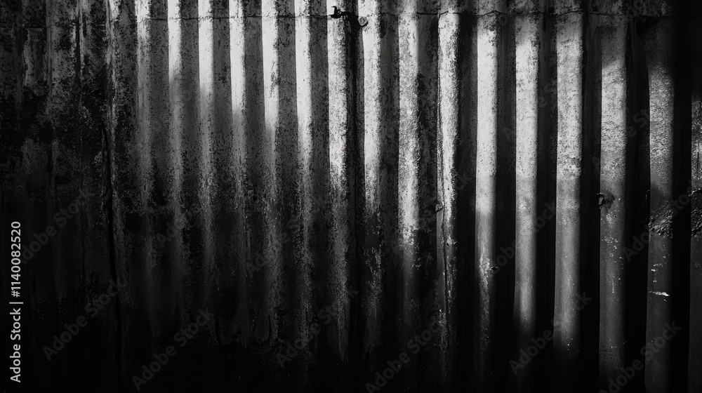 Poster weathered corrugated metal wall texture with shadow patterns in black and white