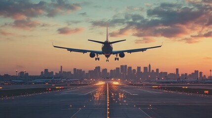 Fototapeta na wymiar Airplane Landing at Sunset in a Metropolitan Area