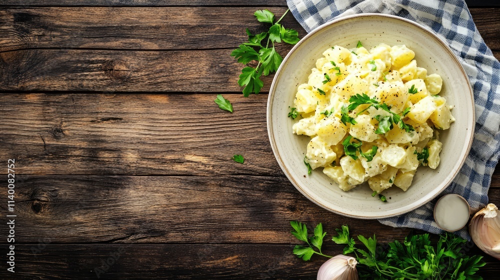 Aufkleber potato salad served in a bowl on rustic wooden table with fresh herbs and garlic for a family dinner