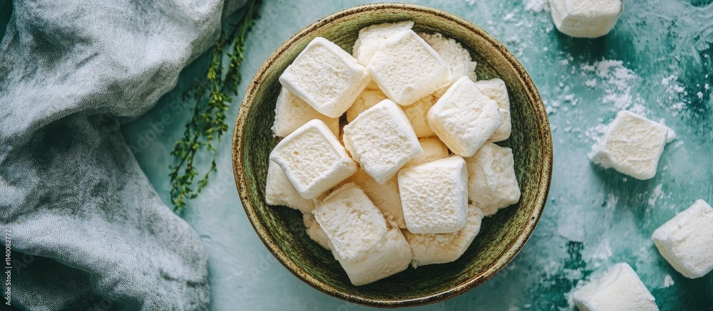 Poster Handmade apple marshmallows arranged in a decorative bowl showcasing their soft texture and natural flavors in an inviting flat lay setting
