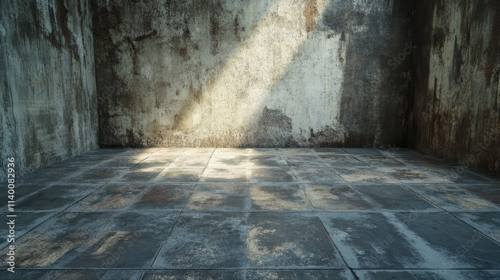 Poster grungy concrete floor texture with light beams illuminating a weathered room interior for design and