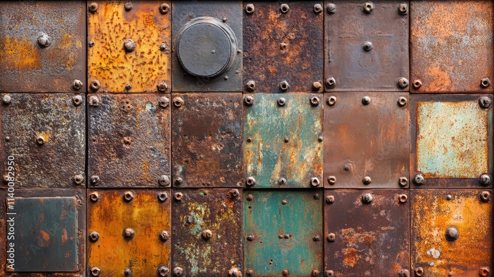 Poster rusty metal wall texture with colorful patches and rivets creating a vintage and industrial aestheti