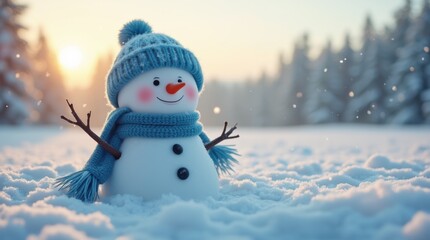 Obraz premium Peaceful Sunrise Snowman in Snowy Meadow