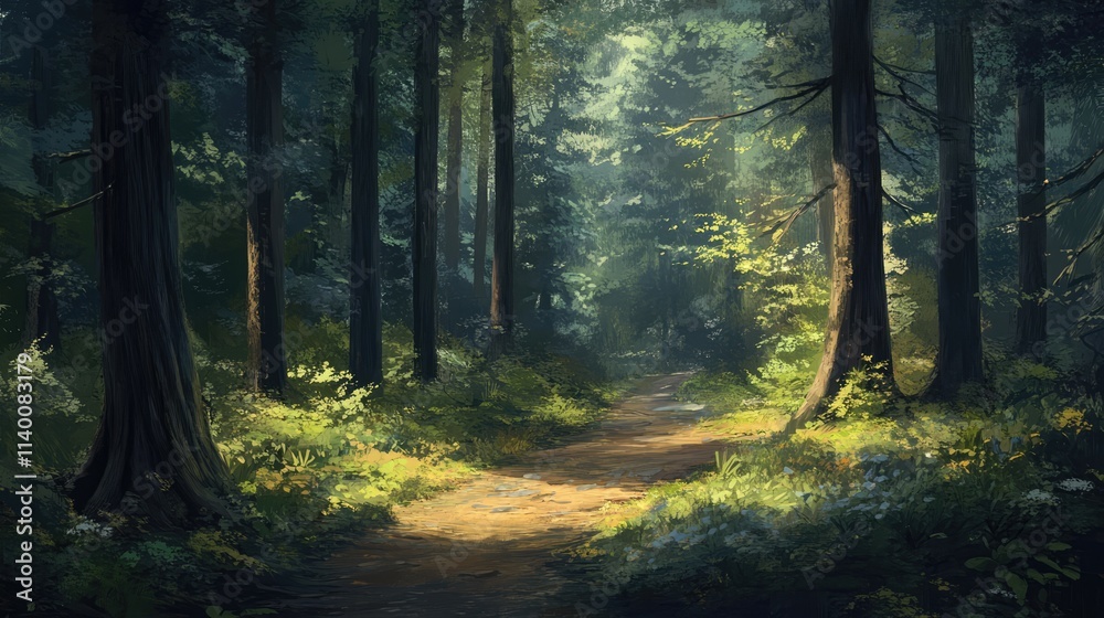 Aufkleber Serene forest path illuminated by sunlight with lush trees and vibrant greenery creating a tranquil outdoor atmosphere.