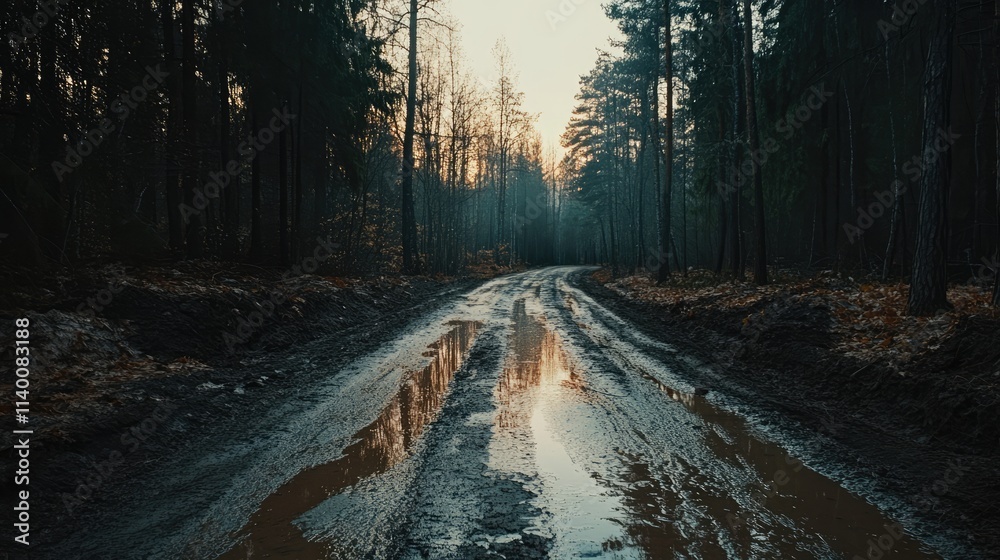 Poster muddy forest road with large puddles reflecting sunlight after rain surrounded by trees in a serene 