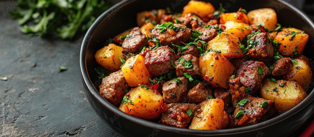 Aufkleber savory meat and potato stew garnished with fresh herbs in a rustic bowl against a textured backdrop