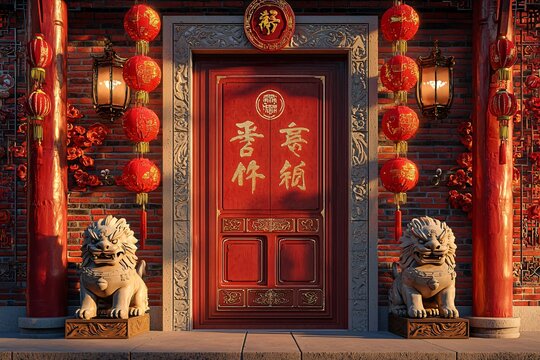 Chinese New Year Door with Lanterns and Foo Dogs