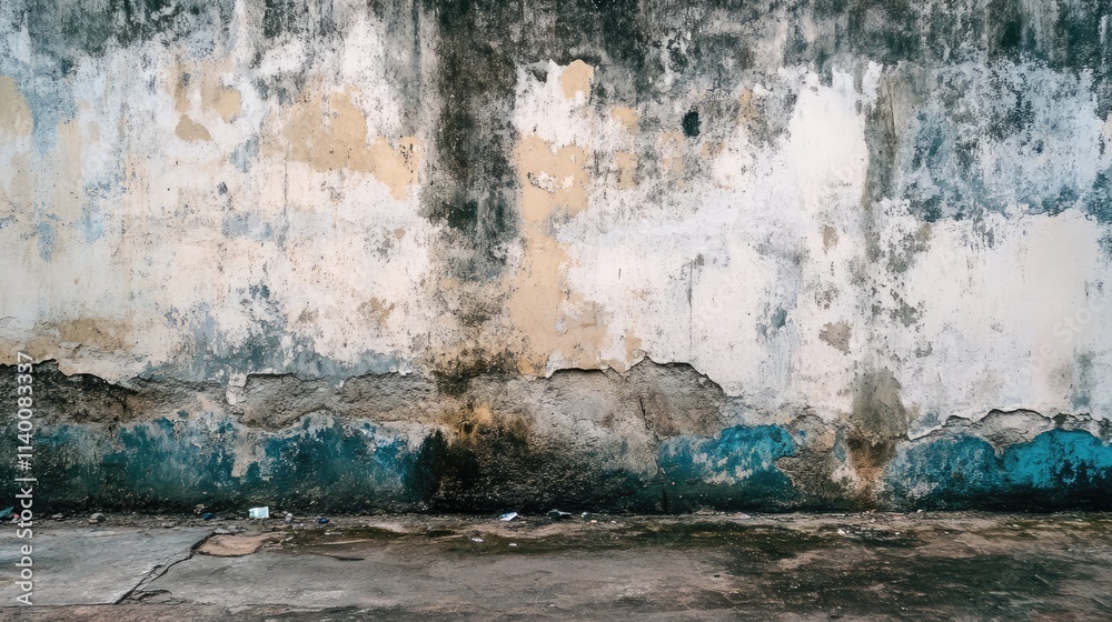 Poster Weathered textured wall with peeling paint and stains in muted colors for use in backgrounds and design projects.