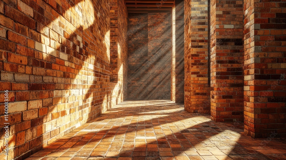 Aufkleber Interior view of weathered brickwork with crisscross patterns illuminated by sunlight creating striking shadows and textures.