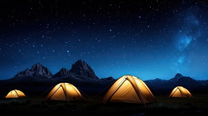 Camping beneath a dazzling starry sky in Chiang Phillip, Thailand, with tents glowing softly in the dark landscape