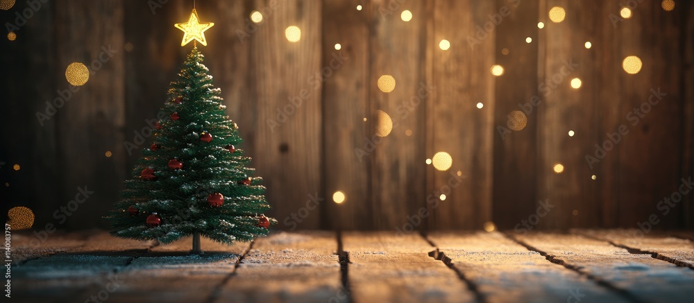 Aufkleber christmas tree decoration with twinkling lights on a rustic wooden background creating a festive hol