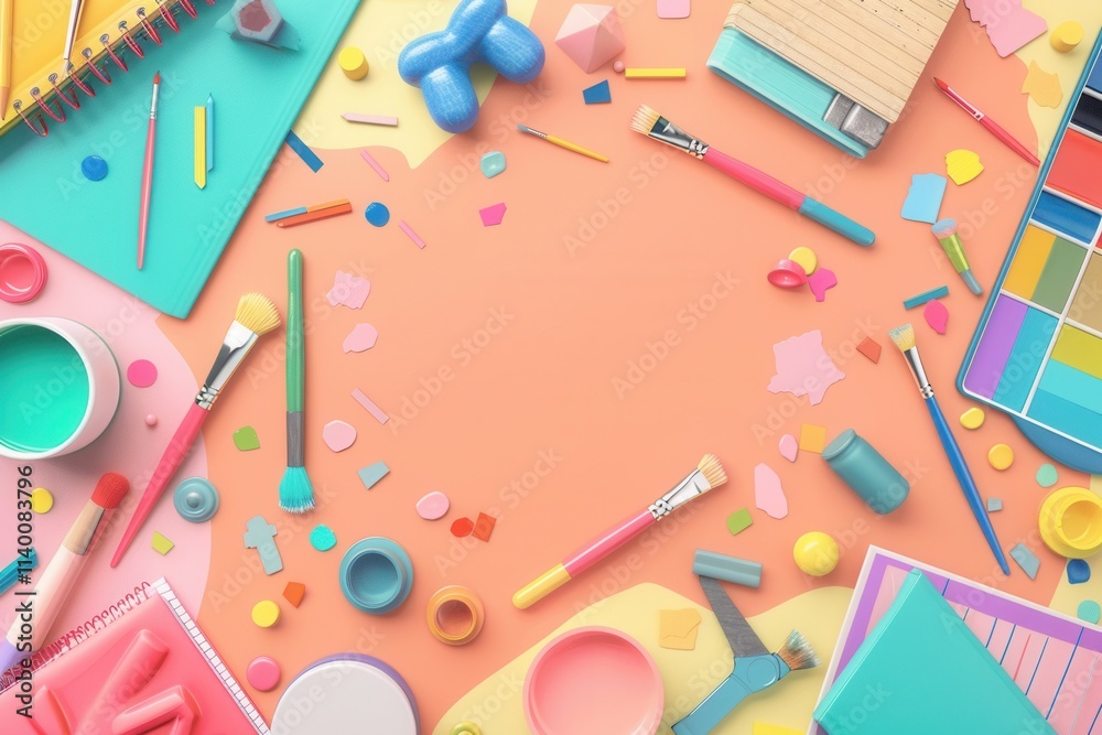 Poster creative workspace filled with brushes, paints, and colorful sketchbooks for artistic expression. ge