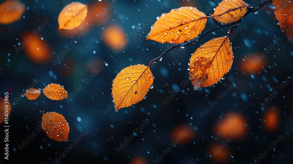 Poster vibrant autumn leaves with raindrops contrasting against a dark moody background creating a serene a
