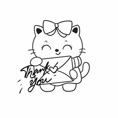 Cute smiling kitten  cartoon. Holding an envelope with a heart-shaped seal.
