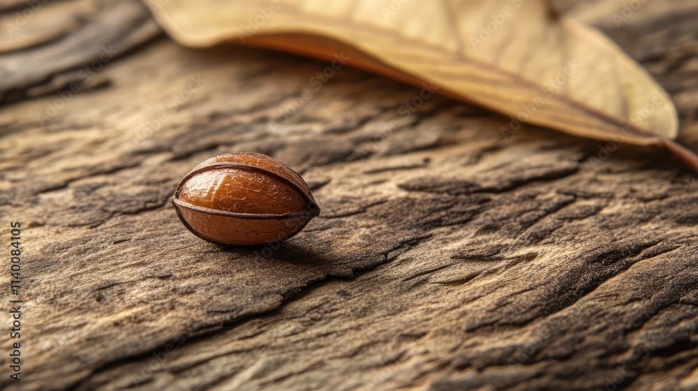 Poster dipterocarpus seed resting on a leaf atop textured old wood with selective focus and shallow depth o