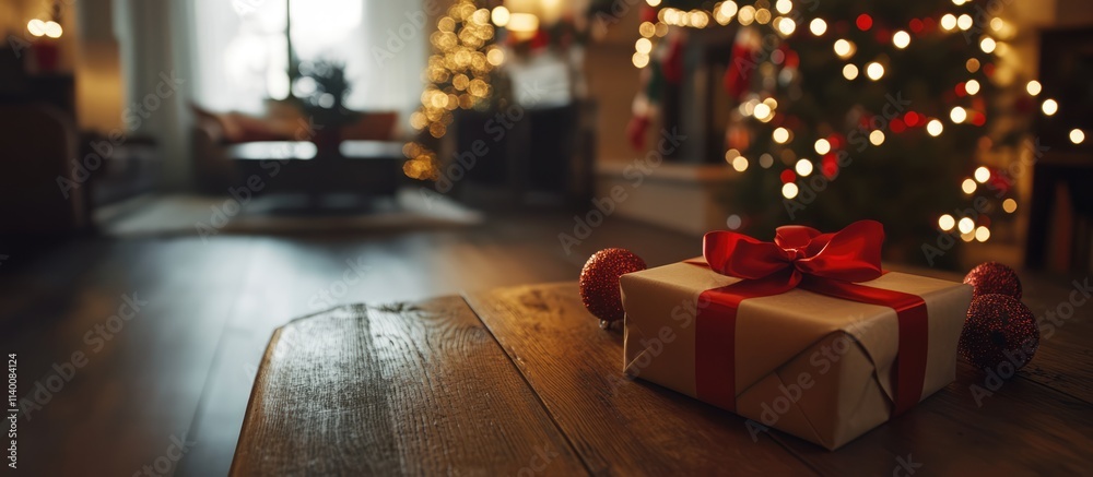 Poster decorative gift box with red ribbon on a wooden table in a cozy holiday setting with christmas tree 